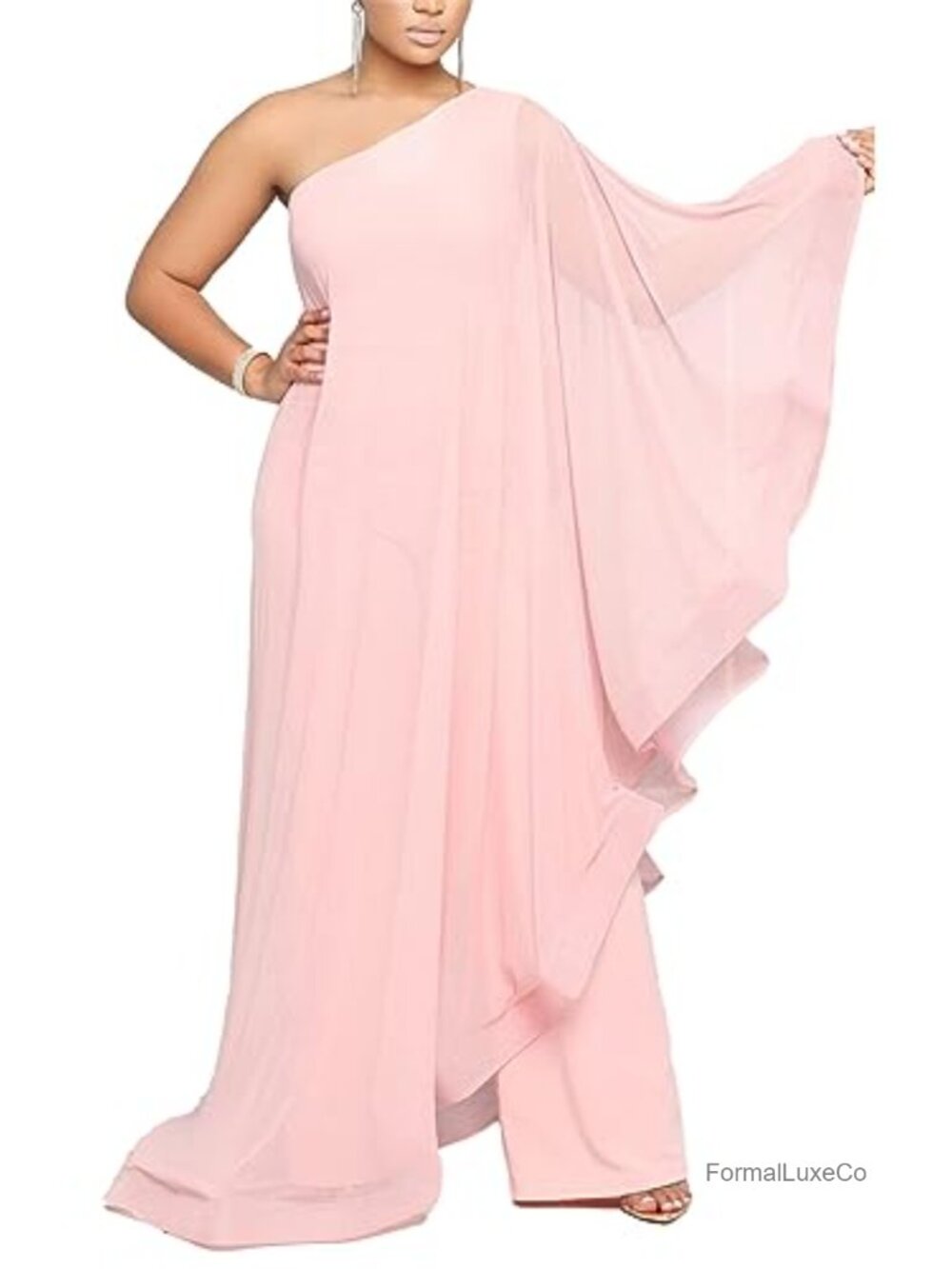 One Shoulder Sleeveless Jumpsuit Wide Leg Ruffle High Low Formal Party Dress